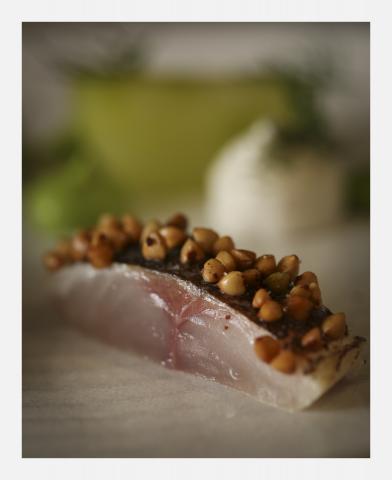 Charred Cornish Mackerel, Oyster Emulsion, Cucumber, Buckwheat and Sea Buckthorn by John Duffin, Johns House