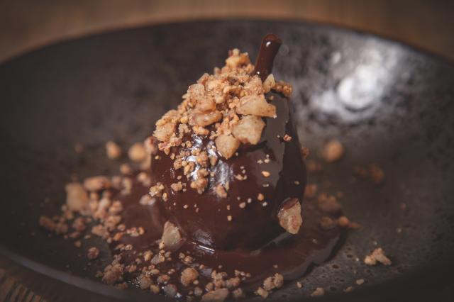 maple poached pear, bitter chocolate, pecan brittle 