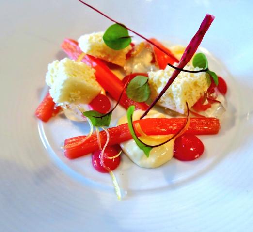 New Season Rhubarb, Lemon Crème, Pommery Champagne Jelly, White Chocolate and Sorrel by Simon Hulstone, Michelin star chef at The Elephant Restaurant, Torquay
