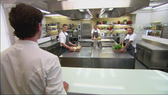 Michael Smith with contestants Eddie Attwell, Joery Castel and Tommy Heaney, Great British Menu 2017