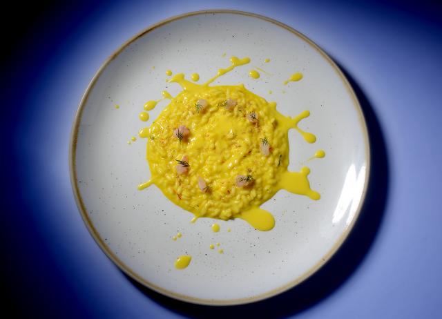 Risotto with Saffron, Wild Fennel, Dentex Fish and Orange Sauce