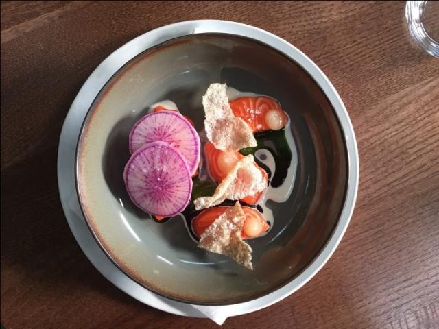 Cured Trout, Bergamot, Horseradish by Jarad McCarroll, head chef at Restaurant Ours 