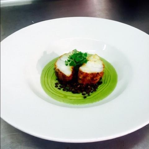 5. Curried monkfish, wasabi pea and coconut soup, puy lentils by James Bone