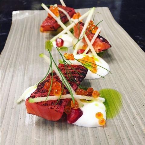 8. Pomegranate cured rainbow trout with smoked roe, apple, pickled new potatoes & horseradish creme by @andreas.nicoletti