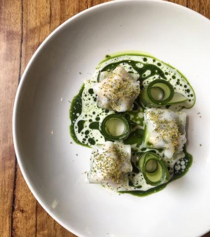 Grilled cucumber, pickled mussels, lardo, tomato and dill by chef Adam Sanderson