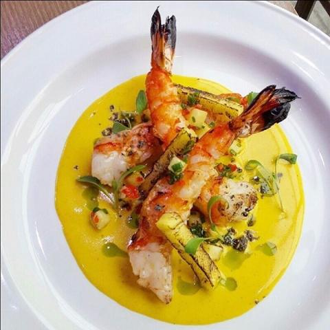 Grilled tiger shrimp, Thai coconut sauce, charred pineapple by Oli Harding chef Montreal Canada, The Staff Canteen top Instagram Images, food pics, chefs of Instagram, top chefs Instagram
