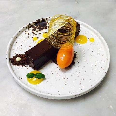 Desserts - Valrhona Chocolate Truffle Torte - Blood orange sorbet by Razvan Dogaru, chef, The Staff Canteen Top Instagram Images, Chefs of Instagram, Top chefs to follow on Instagram