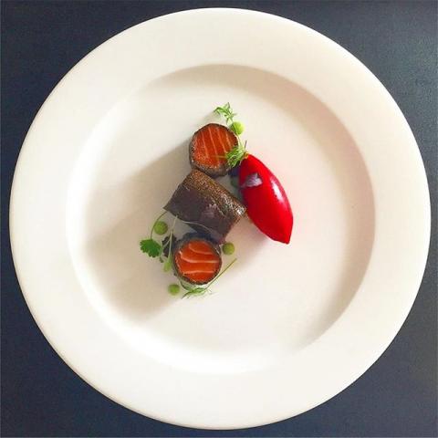 Black sesame crusted cured salmon, wasabi, pickled raspberry, pink ginger sorbet by chef Sean Martin, The Staff Canteens most liked Instagram images, food pics 