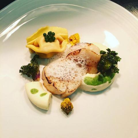 Cured Scallop, Cauliflower Mousse, Sweet Potato and Pancetta Tortellini by chef Danny Burke, The Staff Canteens most liked Instagram images, food pics⠀