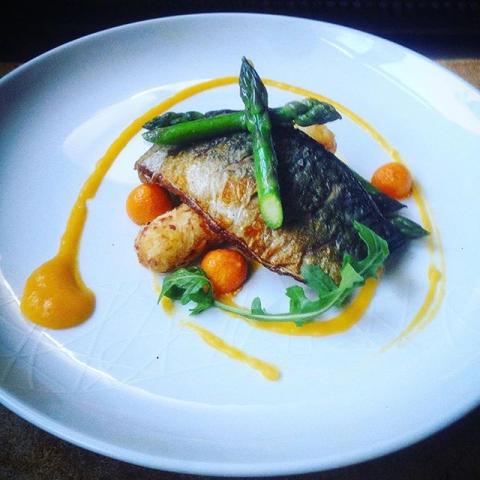 Mackerel, roasted and puréed butternut squash, smoked bacon croquette, asparagus by chef Charles Lee, The Staff Canteens most liked Instagram images, food pics