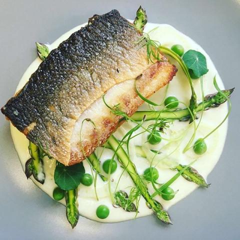 Seabass, fennel purée, shaved asparagus, peas by chef Joe Mccarthy, The Staff Canteens most liked Instagram images, food pics