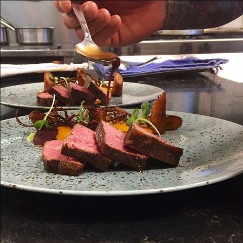 Dry aged beef, textures of carrot, ramson, lotus root & home made beef jerky by @andreas.nicoletti