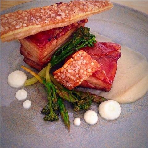 8.	Pork belly, crackling, celeriac and apple purée with greens by Ollie Turnbull @oliver_turnbull
