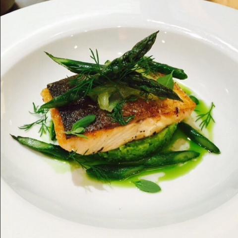 2.	Sea trout, yuzu crushed feves, dill pickle asparagus and marjoram by Christopher James Stout (@chris_stout_) 