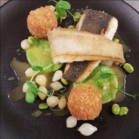 Pan fried Fillet of Brill, Chorizo and Sweetcorn Arancini, Broad Bean Veloute by celtic chef