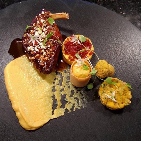 alanhigginschef Local pigeon breast, confit leg pastry,textures of corn, bacon, jus