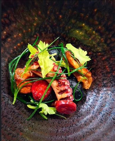 The Staff Canteen, Octopus, squid ink gnocchi,monks beard, oyster mushroom, parsley soup by chef James Carn-Pryor 