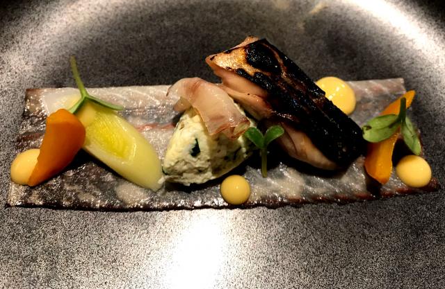 Thinly sliced smoked eel, grilled mackerel, golden beetroots and sweet mustard by Mark Kempson, head chef at Michelin-starred Kitchen W8, Kensington