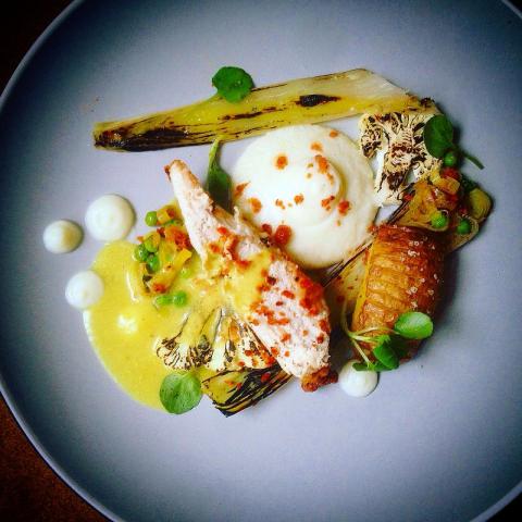 Buttermilk Fried Chicken/Cauliflower Cheese/Charred Florets/Hassleback Potato/Chorizo/Roasted Leek/Peas by chef Charles Lee