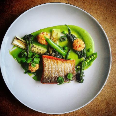 Salmon, Peas, Crab-Smoked Bacon Croquette, Charred Leek, Roasted Broccoli, Spinach by chef Charles Lee