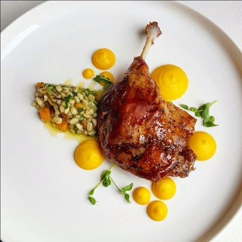 4. Confit duck, butternut barley risotto, carrot and orange purée by chef Oli Harding (@oli_harding)