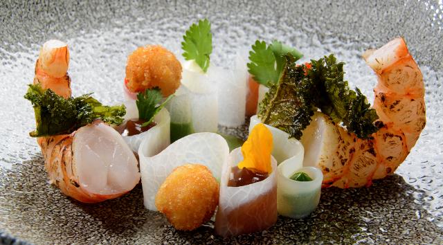 Violet Shrimp, Cuttlefish, Yuzu and Kimchi & Bread