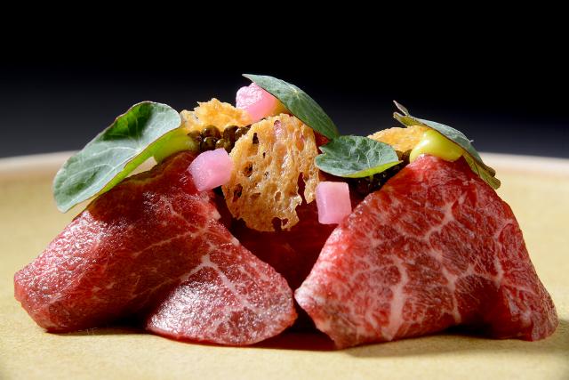 Raw Wagyu Beef Basil, Nasturtium