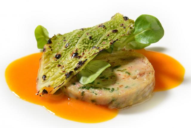 Wheat fed Guinea Hen Celery Root, Carrot, Savoy Cabbage