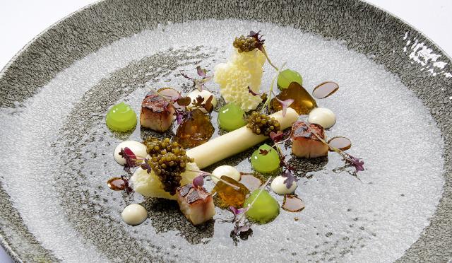 EEL: Torched eel, rillette and consomme, Granny Smith apple, aerated white chocolate, Oscietra caviar 
