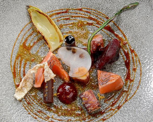 TROUT AND OCTOPUS: Coffee cured sea trout, beetroot, braised octopus with miso glaze, roast squid and chicken juices
