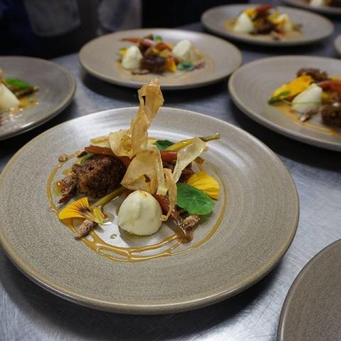 dessert of Parsnip Panna Cotta, pumpkin ice-cream, brandy cake & anise poached baby carrots. Toms Kitchens | Chef Tom Aikens | Manchester House | Chef Aiden Byrne 