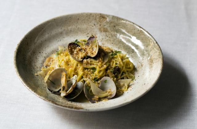 Hand rolled linguine; clams, artichokes, toasted breadcrumbs 