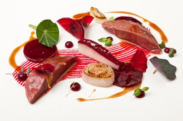 Sous vide pigeon with textures of beetroot