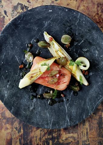 Mi Cuit Norwegian Fjord Trout with Fresh Grape Sauce Vierge Caramelised Chicory Leaves & Fresh Dill