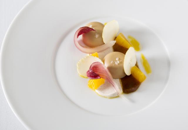 Alyn Williams at The Westbury - Foie gras duds,Medjool date,yoghurt,fresh chestnuts