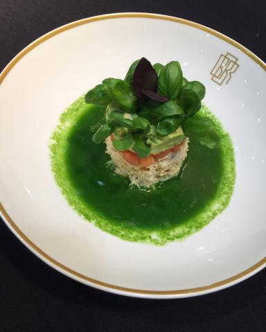 crab, avocado and basil consomme