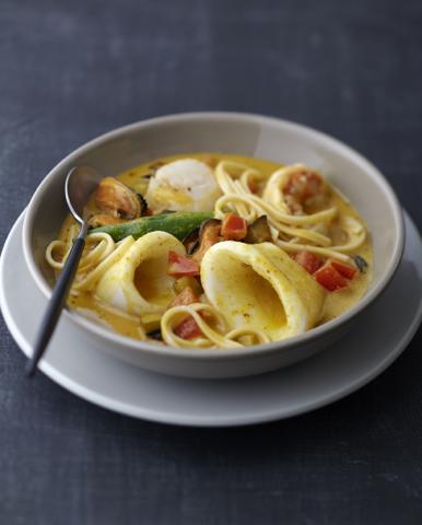 Scottish Seafood Lemak Curry with squid, scallop, langoustine and mussels