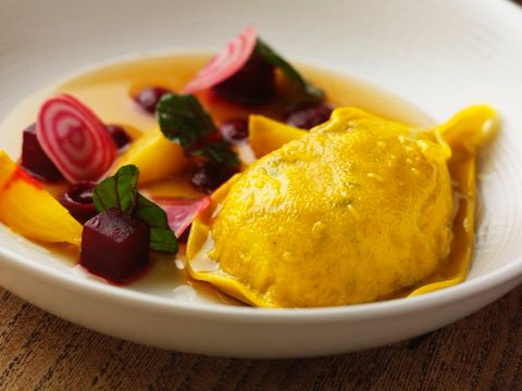 quail raviolo with beetroot