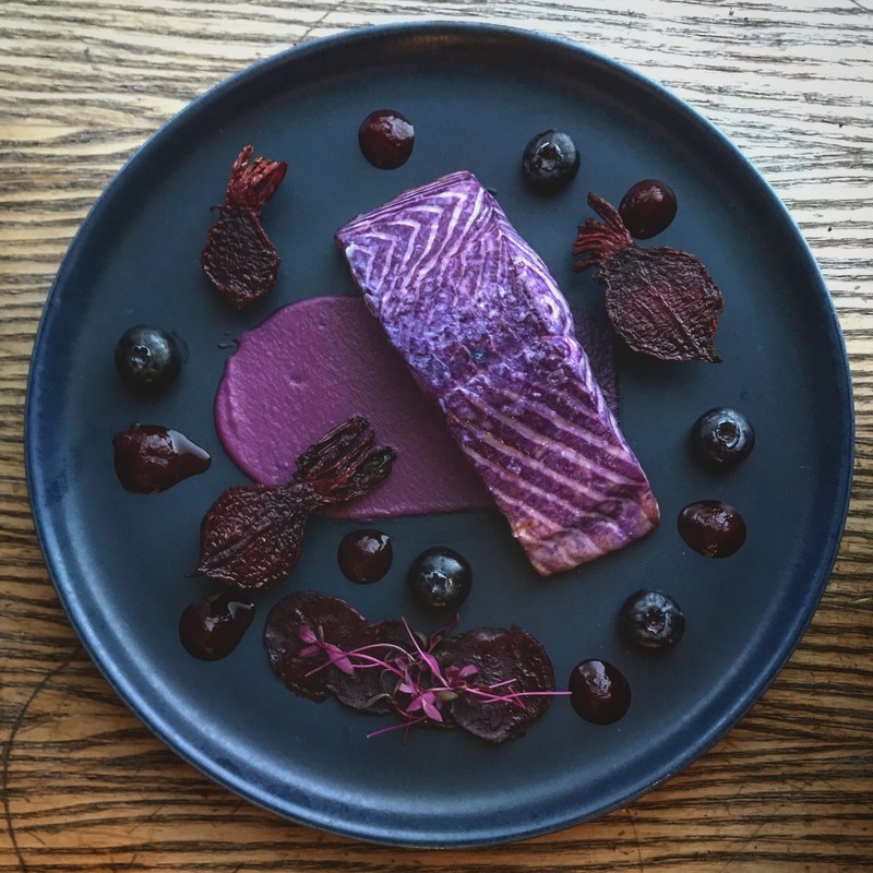 2. Purple salmon, red cabbage purée, confit baby beetroots, pickled blueberries, beetroot ketchup @giaco_p, chefs to follow on Instagram, food pics, social media, The Staff Canteen, Instagram Top Ten
