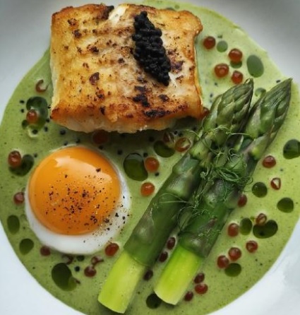 1 Pan fried turbot%2C Wye valley asparagus%2C wild garlic sauce and eggs by Owen Morrice