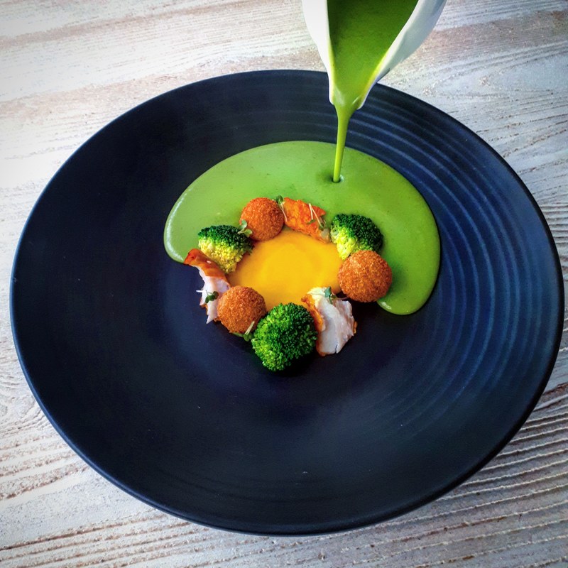 Broccoli soup, smoked cod, egg yolk puree by Alan Higgins. chefs to follow on Instagram, food pics, social media, The Staff Canteen, Instagram Top Ten 