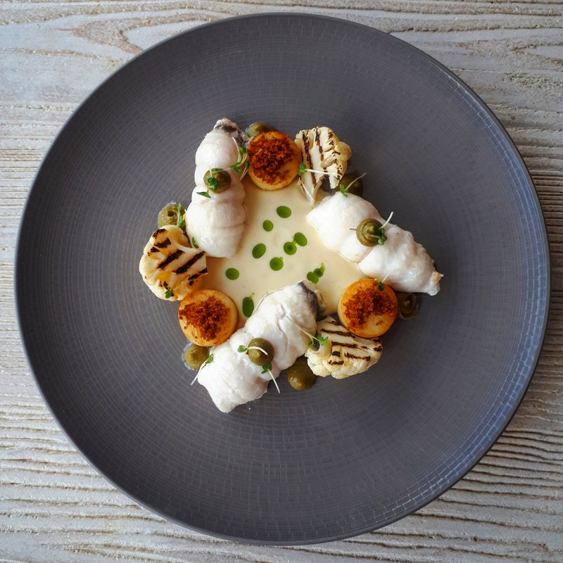  East coast lemon sole, charred cauliflower, caper and raisin puree, bacon crumble by chef Alan Higgins, chefs to follow on Instagram, food pics, social media, The Staff Canteen, Instagram Top Ten