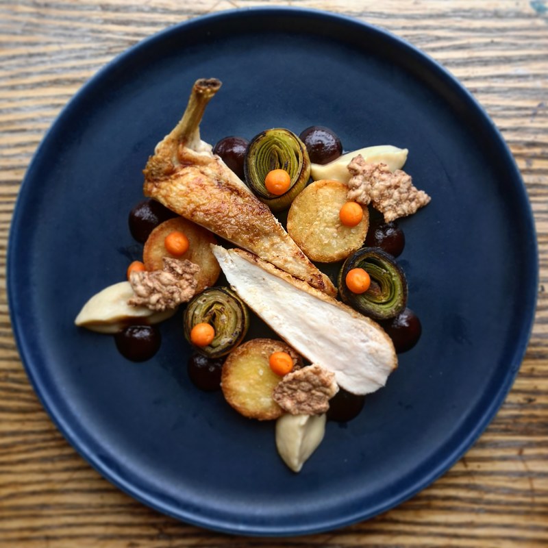 Roast chicken breast, roast potatoes, leeks cooked in smoked butter, pickled carrot, celeriac purée, pumpkin brown sauce, barley crackers by chef Owen Morrice, chefs to follow on Instagram, food pics, social media, The Staff Canteen, Instagram Top Ten