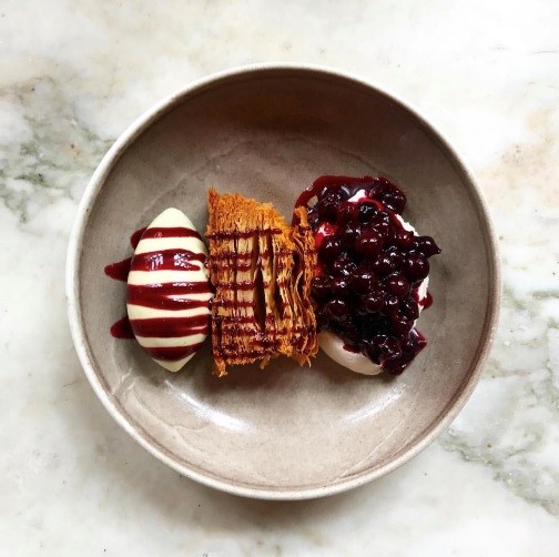 Blackcurrant and liquorice, blackcurrant leaf ice cream and puff pastry 
