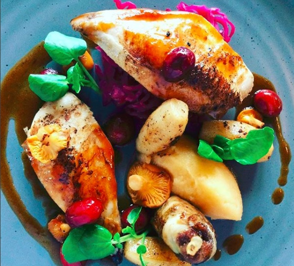 Roast partridge with red cabbage and cranberries