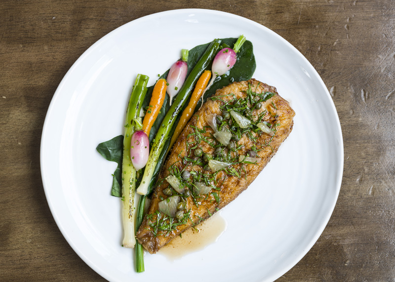 Whole lemon sole with spring vegetables%2C capers and brown butter low res