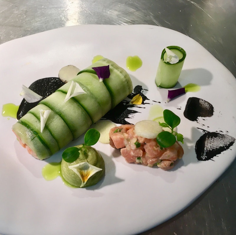 Pickled Cucumber and Salmon Roulade with Black garlic and Granny Smith apple by Christos Siomadis
