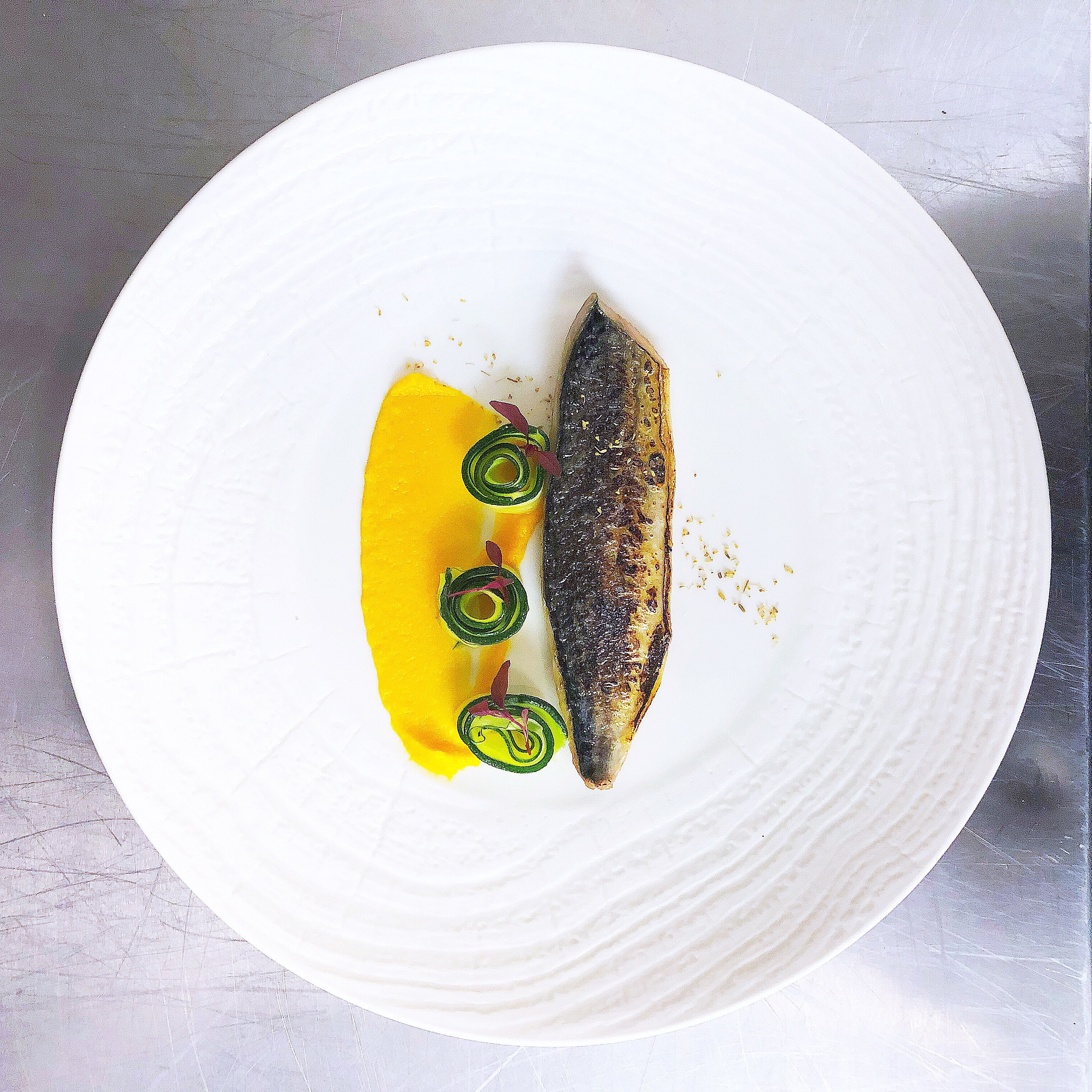 Hot smoked mackerel, butternut squash and courgettes.