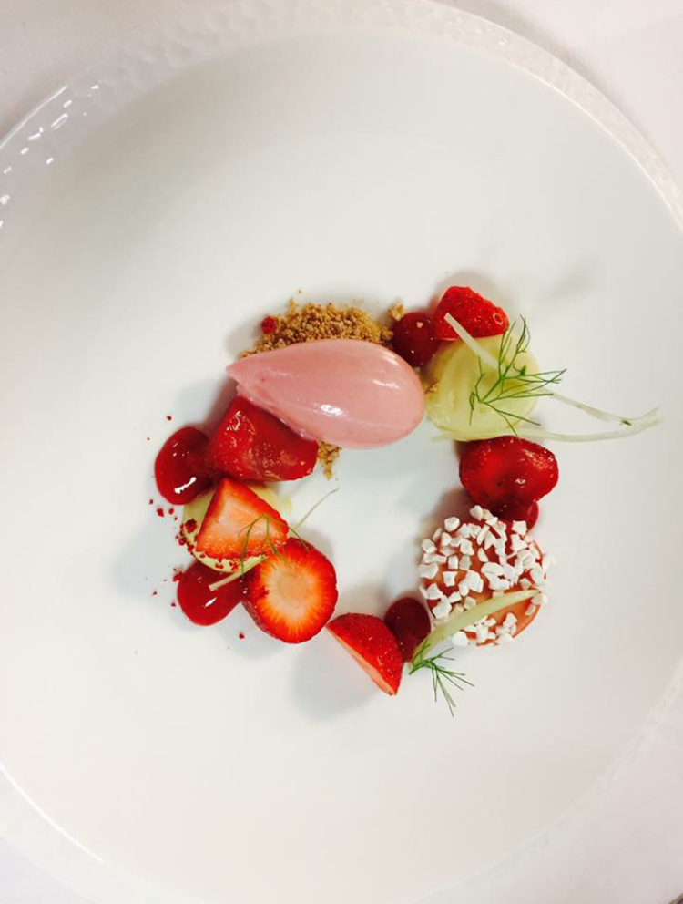 strawberry fennel and  white chocolate with strawberry and yoghurt sorbet