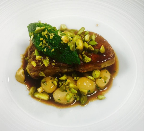 Confit duck leg, jeruselam artichoke and coco bean pistachio pesto